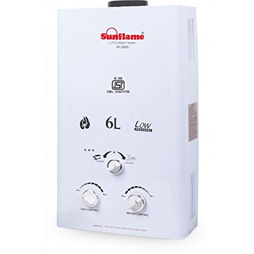 SUNFLAME ENTERPRISES Aluminum LPG Water Heater, 6 L Gas Geyser (Standard Size, White) - RAJA DIGITAL PLANET