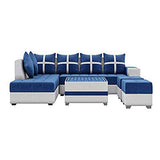 Lifestyle Furniture - Camy L Shape 8 Seater Fabric Sofa Set for Living Room with Center Table and 2 Puffy (Left Side, Blue & White) - RAJA DIGITAL PLANET