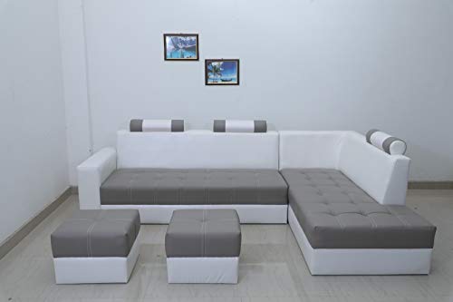 Fine Bone Leather L-Shape Sectional Sofa Set with 2-Puffy (White and Grey) - RAJA DIGITAL PLANET