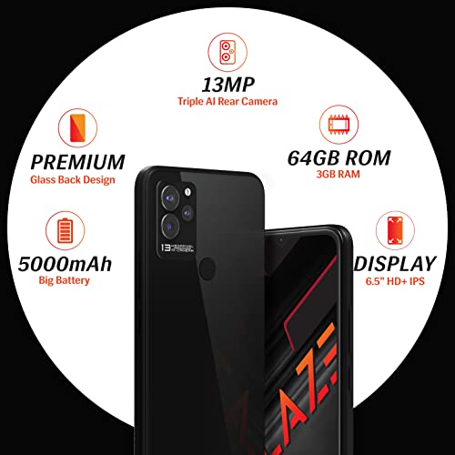 Lava Blaze (Glass Black, 3GB RAM, 64GB Storage)| Premium Glass Back Design| 13 MP AI Triple Camera |Fingerprint Sensor| 5000 mAh Battery| Upto 6GB Expandable RAM