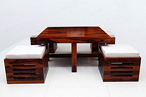 Sheesham Wood Center Table for Living Room | Wooden Coffee Table | Tea Table | with 4 Stools | Off White Cushions | Provincial Teak Finish by Corazzin Wood - RAJA DIGITAL PLANET