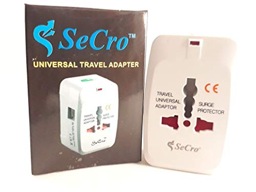 SeCro Plastic Film Universal Travel Adapter with Built in Dual USB Charger Ports with 125V 6A, 250V Surge/Spike Protected Electrical Plug (White) - RAJA DIGITAL PLANET