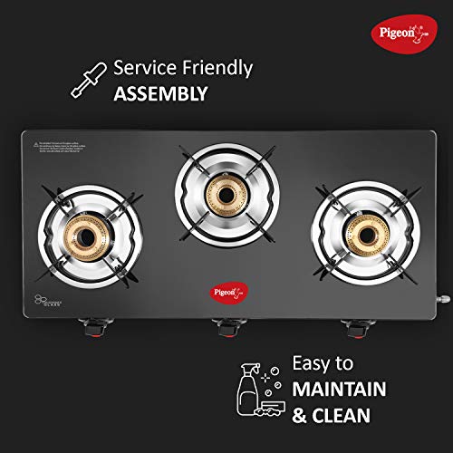 Pigeon Ayush 3 Burner High Powered Brass Gas Stove Cooktop with Glass Top and Stainless Steel Body (Black, Standard) - RAJA DIGITAL PLANET