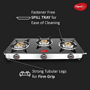 Pigeon Ayush 3 Burner High Powered Brass Gas Stove Cooktop with Glass Top and Stainless Steel Body (Black, Standard) - RAJA DIGITAL PLANET