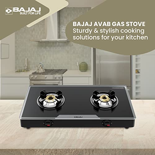 Bajaj 2BRGP7 Stainless Steel Glass Top Gas Stove with 2 Brass Burners,ISI Certified,Anti-Viral and Anti-Bacterial Coating, Black, Regular