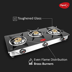 Pigeon Ayush 3 Burner High Powered Brass Gas Stove Cooktop with Glass Top and Stainless Steel Body (Black, Standard) - RAJA DIGITAL PLANET