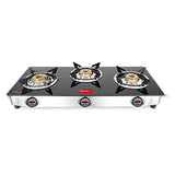 Pigeon Ayush 3 Burner High Powered Brass Gas Stove Cooktop with Glass Top and Stainless Steel Body (Black, Standard) - RAJA DIGITAL PLANET