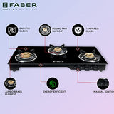 Faber Glass Top 3 Burner Gas stove with Jumbo Burner, Powder Coated Pan Support (HOB COOKTOP MAGIC 3BB BK) Manual Ignition, Black
