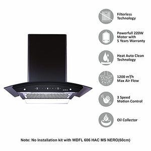 Elica 60 cm 1200 m3/hr Filterless Auto Clean Chimney with 15 Years Warranty (WDFL 606 HAC LTW MS NERO, Touch + Motion Sensor Control, Black)