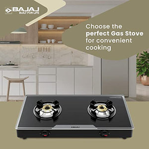 Bajaj 2BRGP7 Stainless Steel Glass Top Gas Stove with 2 Brass Burners,ISI Certified,Anti-Viral and Anti-Bacterial Coating, Black, Regular
