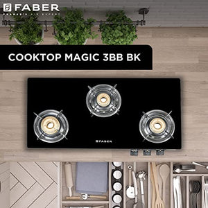 Faber Glass Top 3 Burner Gas stove with Jumbo Burner, Powder Coated Pan Support (HOB COOKTOP MAGIC 3BB BK) Manual Ignition, Black