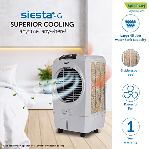 Symphony Siesta-G Desert Air Cooler For Home with Aspen Pads, Powerful Fan, Cool Flow Dispenser and Low Power Consumption (45L, Grey) - RAJA DIGITAL PLANET