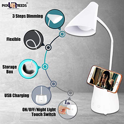Pick Ur Needs® Chargeable LED Touch On/Off Study Table Lamp Children Eye Protection Student Study Reading Dimmer Rechargeable Led Table Lamps USB Charging(Color White) (5 in One) (New 5 in 1) - RAJA DIGITAL PLANET