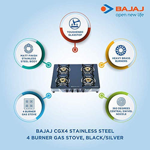 Bajaj CGX4, 4-Burner Stainless Steel Glass, ISI Certified, Gas Stove (Black) - RAJA DIGITAL PLANET