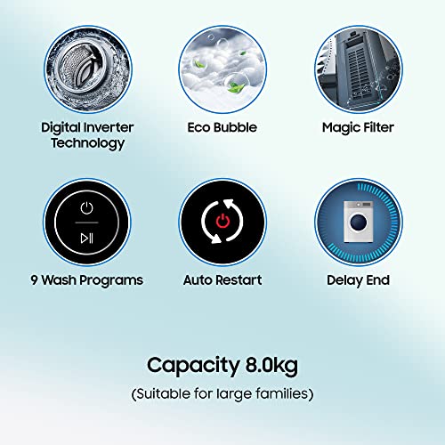 Samsung 8 Kg Inverter 5 Star Fully-Automatic Top Load Ecobubble Washing Machine (WA80BG4441BGTL, Bubble Storm Technology, Light Gray)