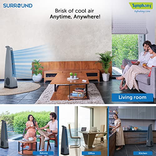 Symphony Surround High Speed Bladeless Technology Tower Fan for Home With Swivel Action, Dust Filter, and Low Power Consumption (White/Grey) with remote