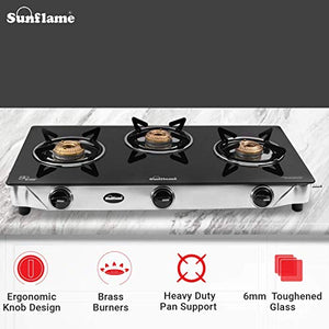 SUNFLAME CROWN Stainless Steel Toughened Glass Top 3 Burner Gas Stove with 2 Years Made In India (Manual Ignition, Black)
