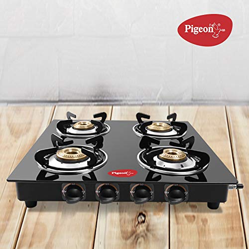 Pigeon Aster Gas Stove 4 Burner with High Powered Brass Burner, Gas Cooktop with Glass Top and Powder Coated Body, black, (14297) - RAJA DIGITAL PLANET