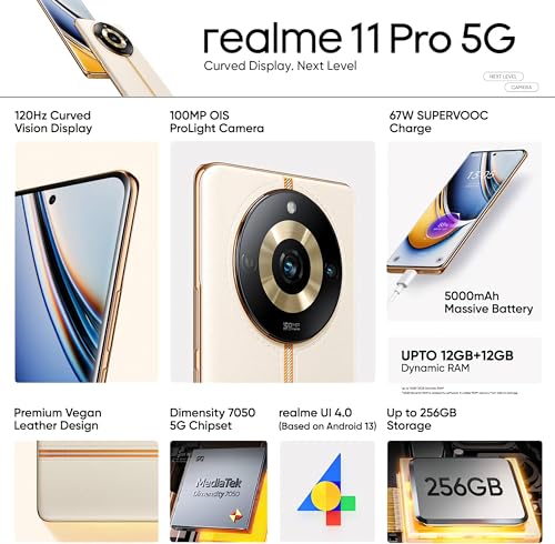 realme 11 Pro 5G (Sunrise Beige, 8GB RAM, 256GB Storage) | 120 Hz Curved Display | 100MP Prolight Camera | 7050 5G Dimensity | 67W SUPERVOOC | 12GB Dynamic RAM | Premier Vegan Leather Finish Design