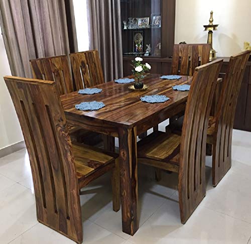 Sheesham Wood Six Seater Dining Table Set for Home - Honey Teak Brown - RAJA DIGITAL PLANET
