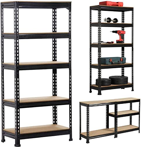 Lifestyle Furniture Black Adjustable Set Of 5-Shelf Metal Shelving Unit Storage Utility Rack Garage Shelves Display Rack Steel Bootless Rivet Rack,63 Inches Height 1-Pack (63 X 24 X 12 Inch - H X W X D,Black)