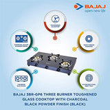 Bajaj GP6, 3-Burner Stainless Steel Glass Gas Stove (Black, ISI Certified) - RAJA DIGITAL PLANET