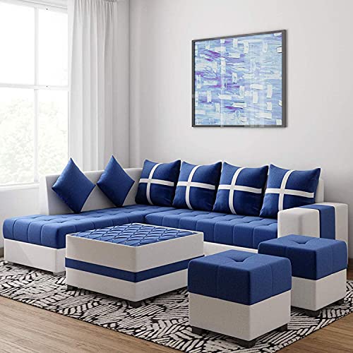 Lifestyle Furniture - Camy L Shape 8 Seater Fabric Sofa Set for Living Room with Center Table and 2 Puffy (Left Side, Blue & White) - RAJA DIGITAL PLANET