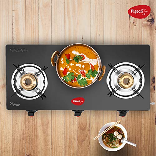 Pigeon Ayush 3 Burner High Powered Brass Gas Stove Cooktop with Glass Top and Stainless Steel Body (Black, Standard) - RAJA DIGITAL PLANET