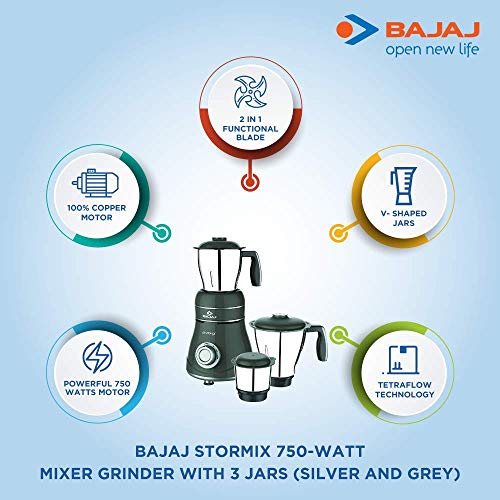 Bajaj Stormix 750-Watt Mixer Grinder with 3 Jars (Silver and grey) - RAJA DIGITAL PLANET