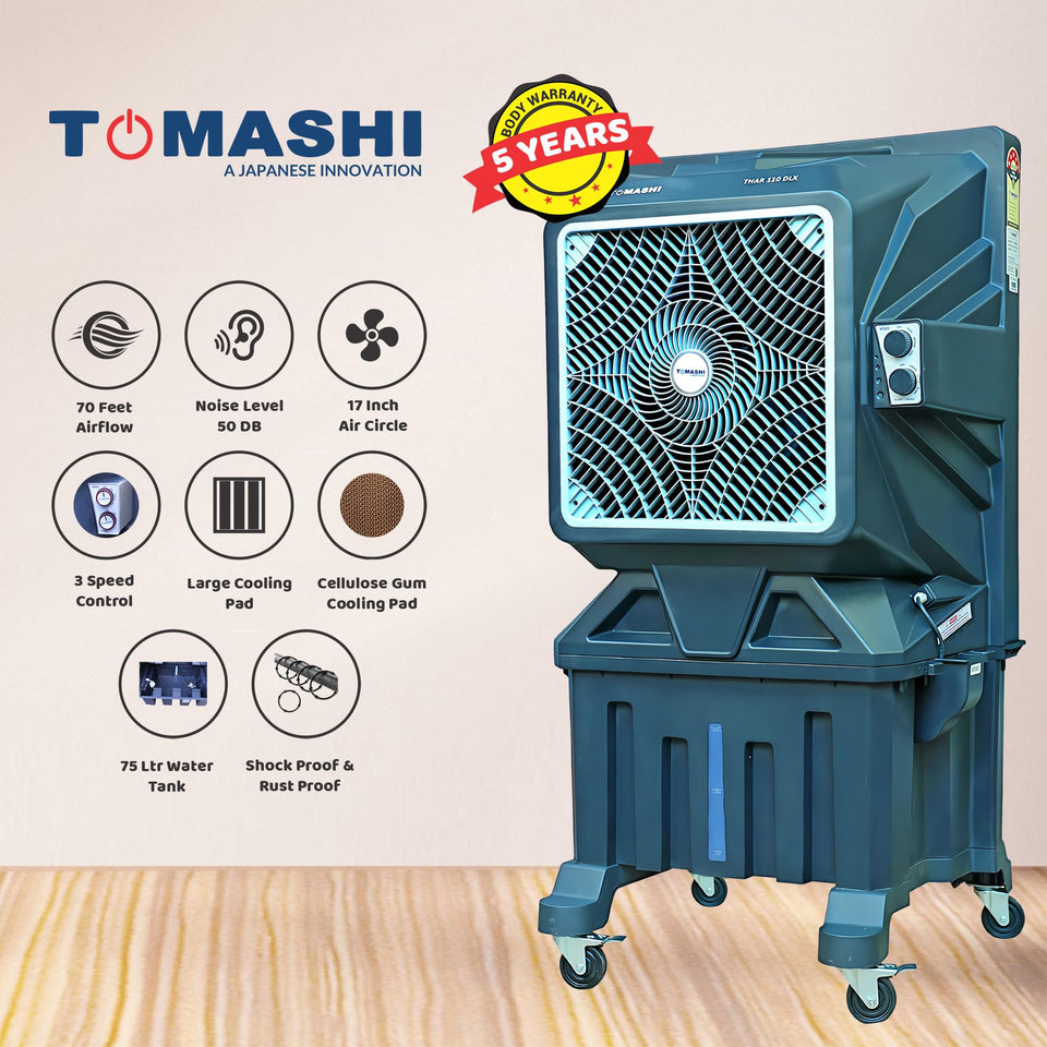 TOMASHI THAR 110 DLX  Room Air Cooler|75L Water Tank|38mm Heat Sink Motor|17 inch Fan Blade|250w Power|Honeycomb Pad|Shockproof Rustproof PPS Body|70 Feet Airflow |Heavy Duty Air Cooler