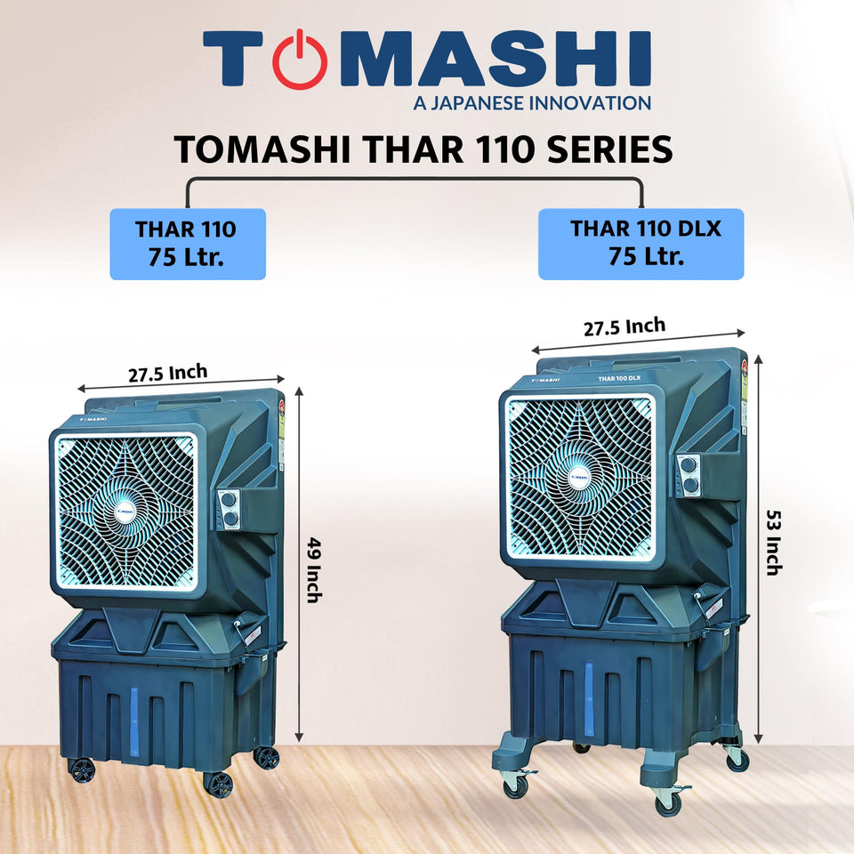 TOMASHI THAR 110 DLX  Room Air Cooler|75L Water Tank|38mm Heat Sink Motor|17 inch Fan Blade|250w Power|Honeycomb Pad|Shockproof Rustproof PPS Body|70 Feet Airflow |Heavy Duty Air Cooler