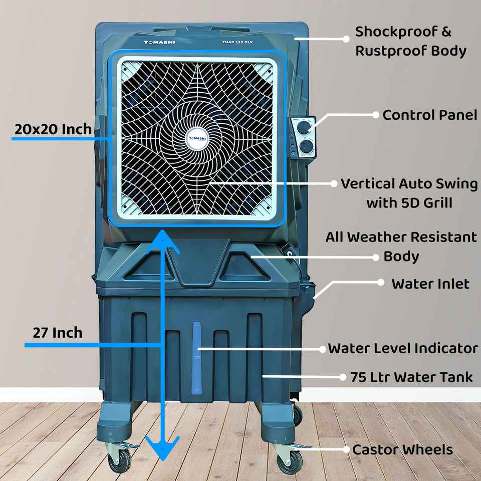 TOMASHI THAR 110 DLX  Room Air Cooler|75L Water Tank|38mm Heat Sink Motor|17 inch Fan Blade|250w Power|Honeycomb Pad|Shockproof Rustproof PPS Body|70 Feet Airflow |Heavy Duty Air Cooler